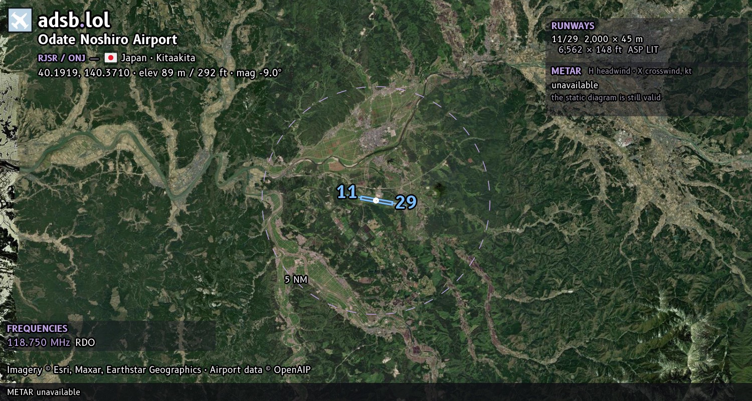 Satellite map with the runway layout of Odate Noshiro Airport (RJSR)