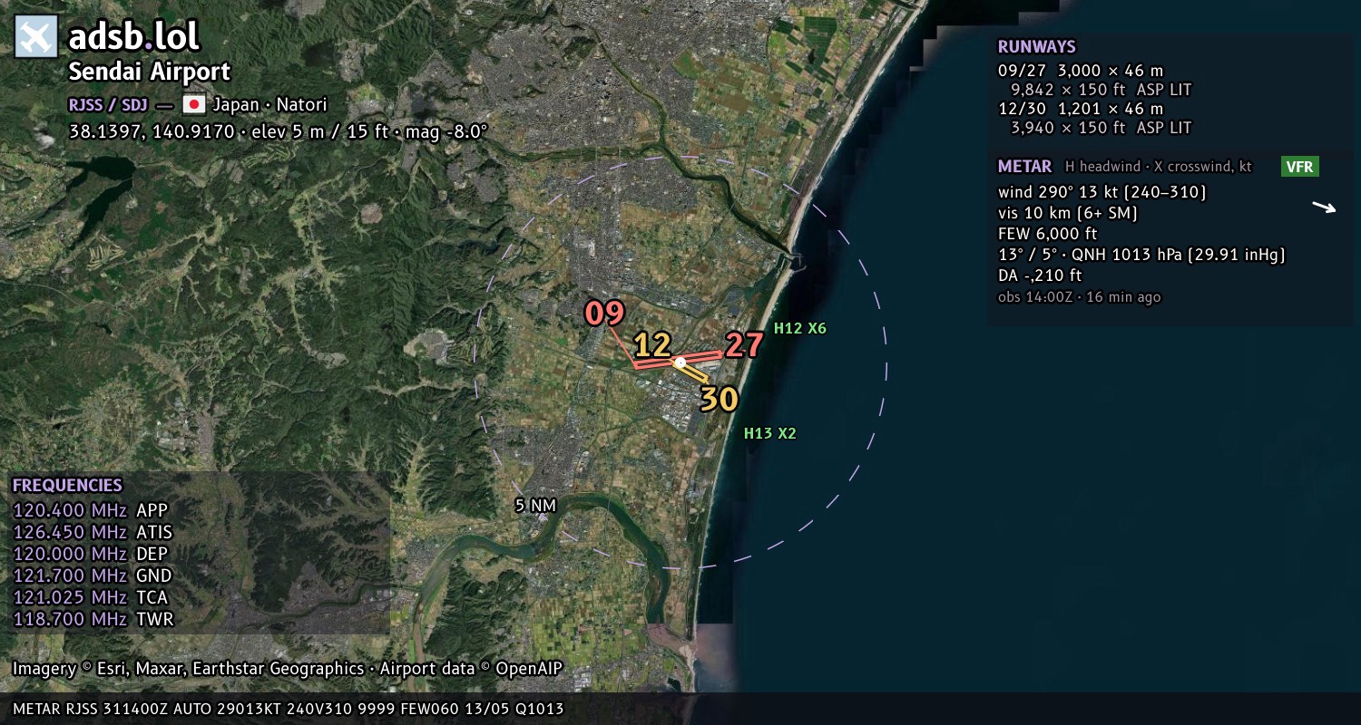 Satellite map with the runway layout of Sendai Airport (RJSS)