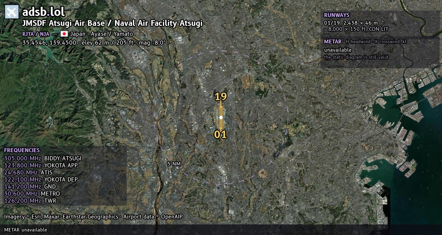 Satellite map with the runway layout of JMSDF Atsugi Air Base / Naval Air Facility Atsugi (RJTA)