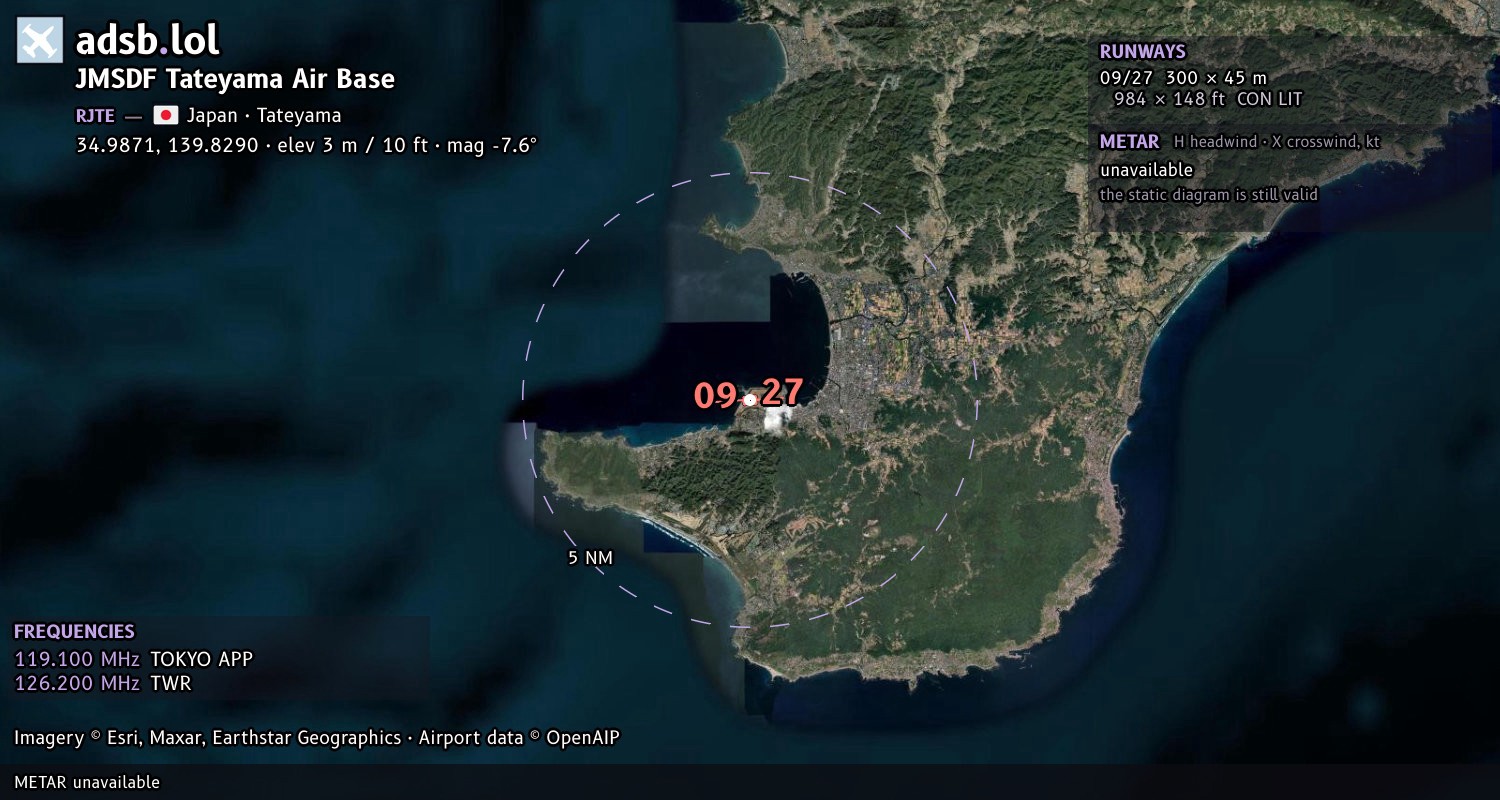 Satellite map with the runway layout of JMSDF Tateyama Air Base (RJTE)