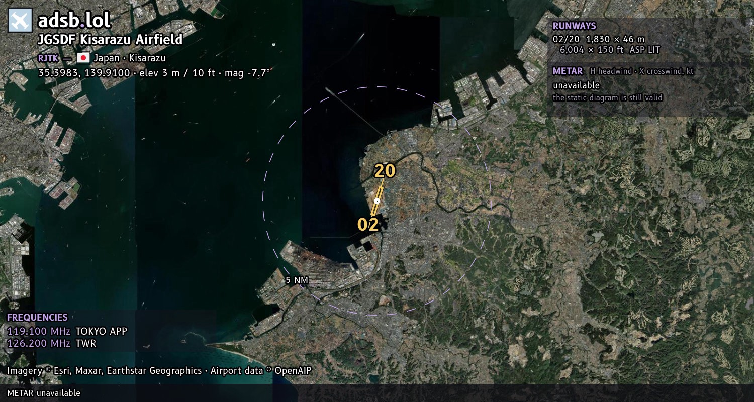 Satellite map with the runway layout of JGSDF Kisarazu Airfield (RJTK)