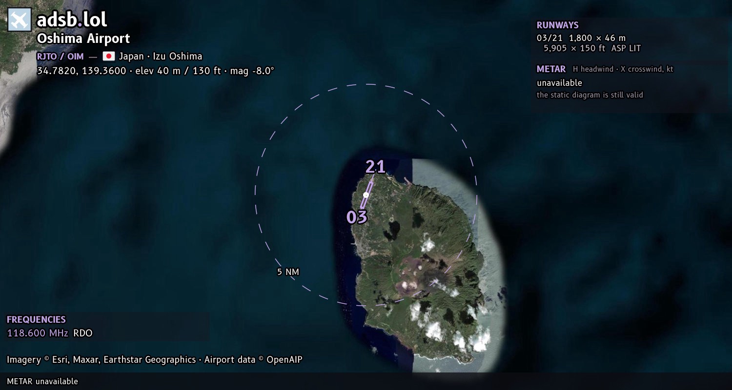 Satellite map with the runway layout of Oshima Airport (RJTO)