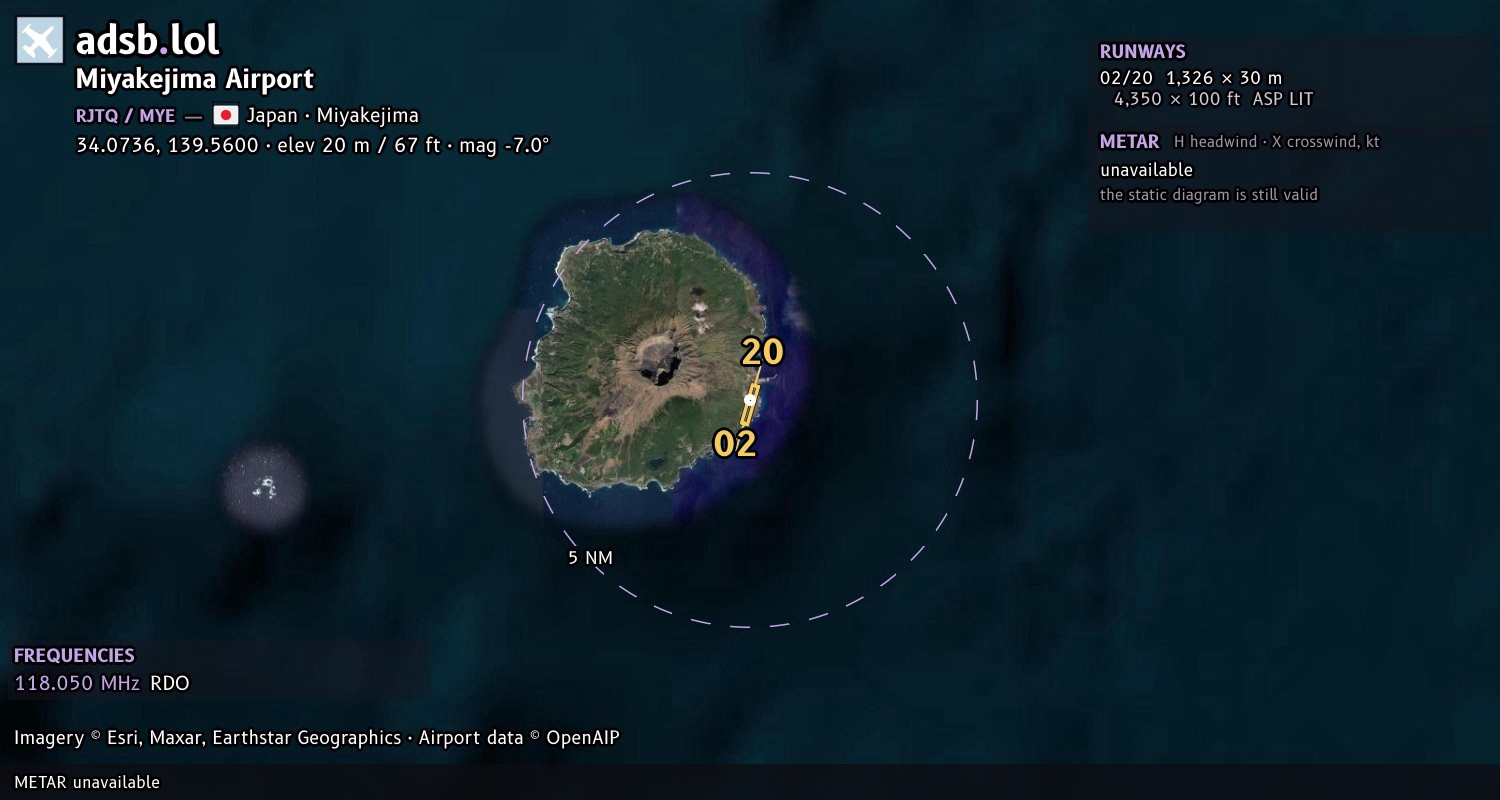 Satellite map with the runway layout of Miyakejima Airport (RJTQ)