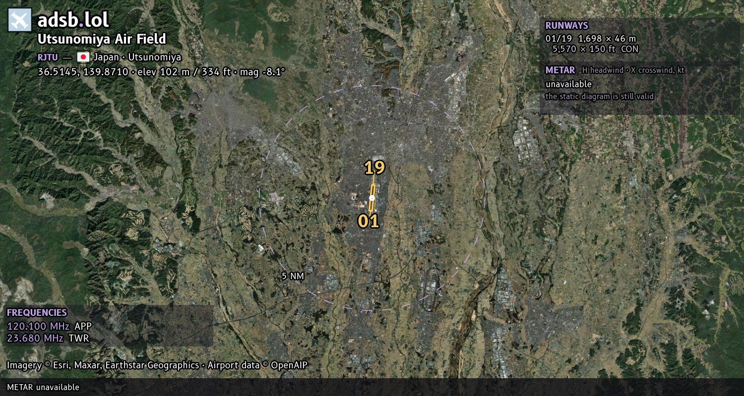 Satellite map with the runway layout of Utsunomiya Air Field (RJTU)