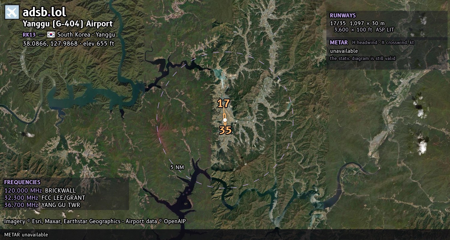 Satellite map with the runway layout of Yanggu (G-404) Airport (RK13)