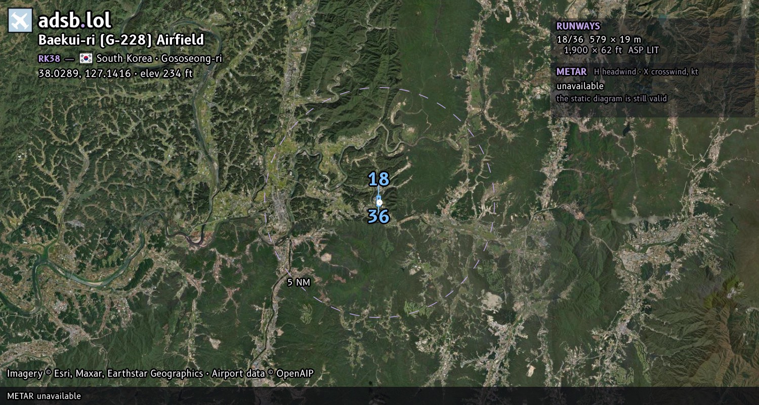 Satellite map with the runway layout of Baekui-ri (G-228) Airfield (RK38)