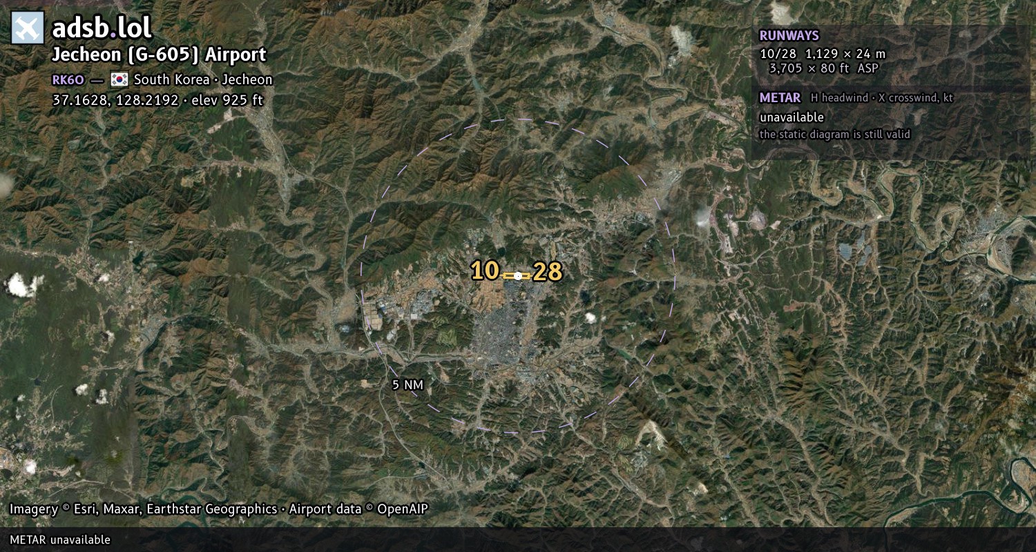 Satellite map with the runway layout of Jecheon (G-605) Airport (RK6O)