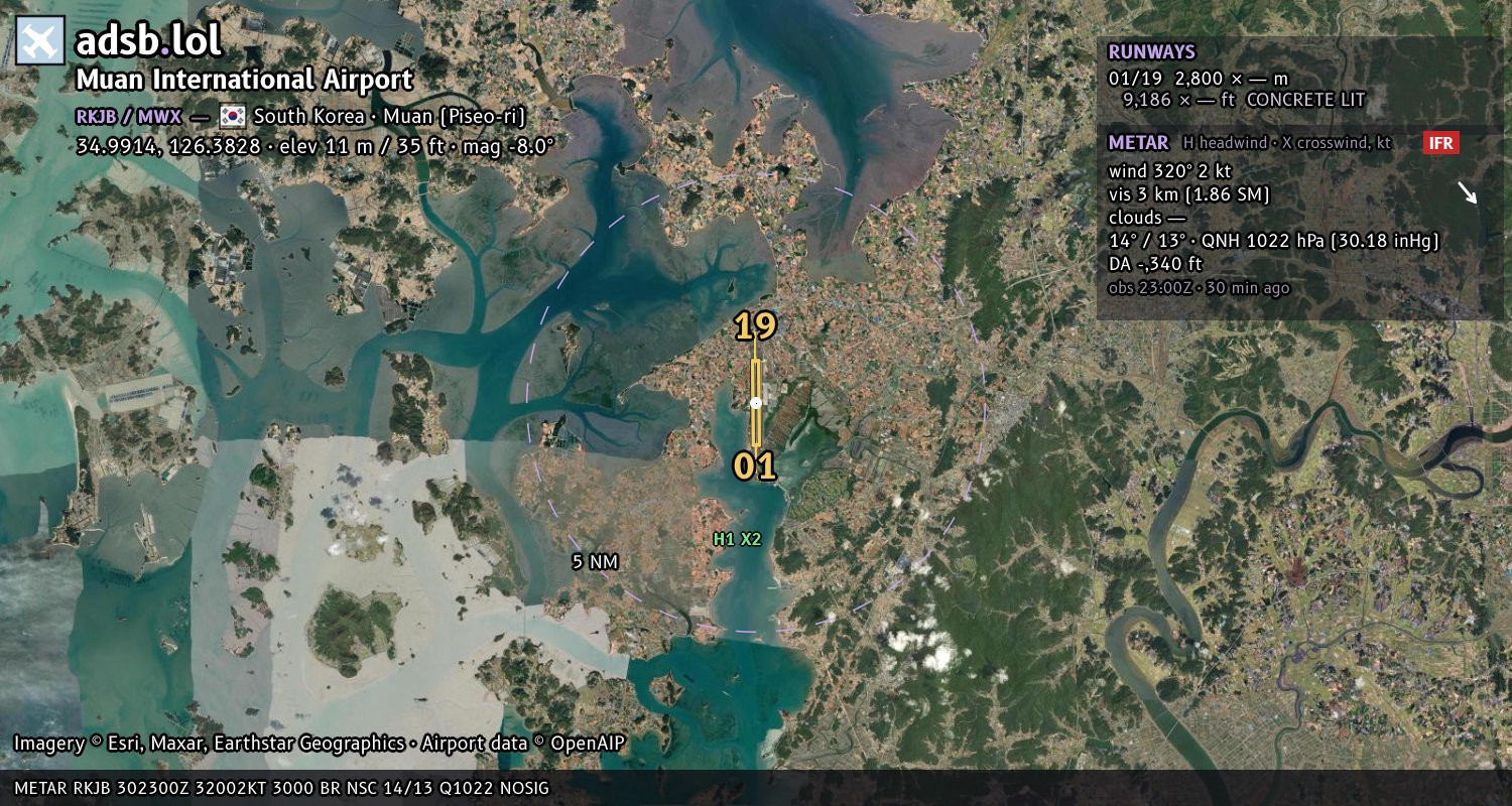 Satellite map with the runway layout of Muan International Airport (RKJB)