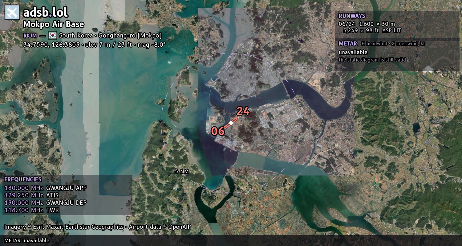 Satellite map with the runway layout of Mokpo Air Base (RKJM)