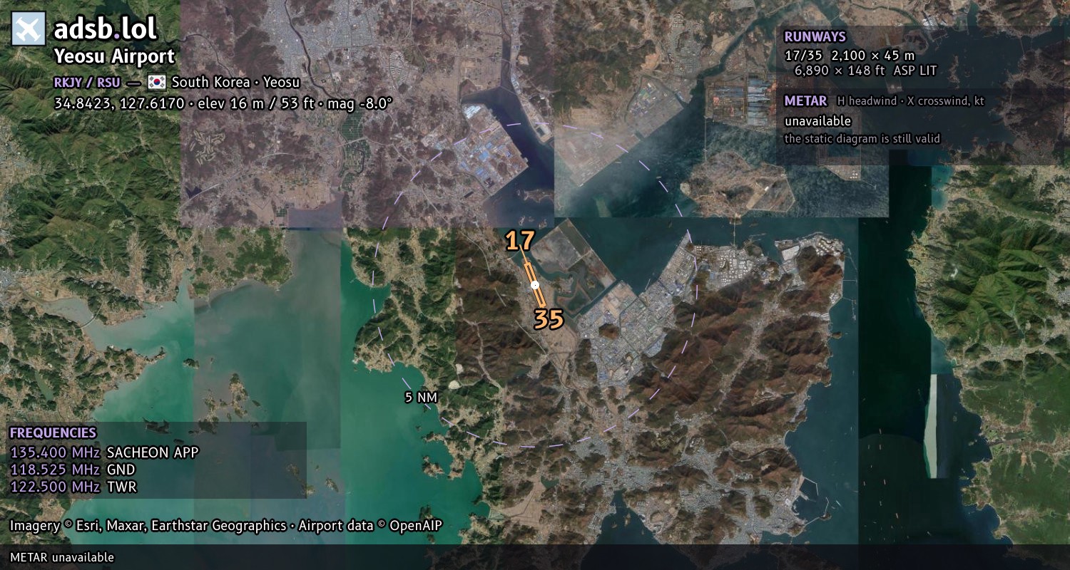 Satellite map with the runway layout of Yeosu Airport (RKJY)