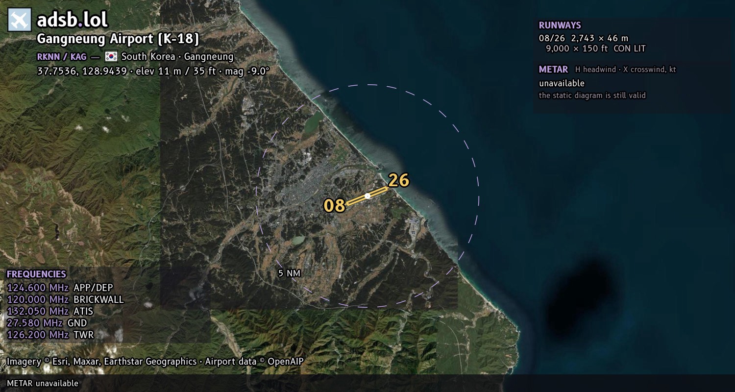 Satellite map with the runway layout of Gangneung Airport (K-18) (RKNN)