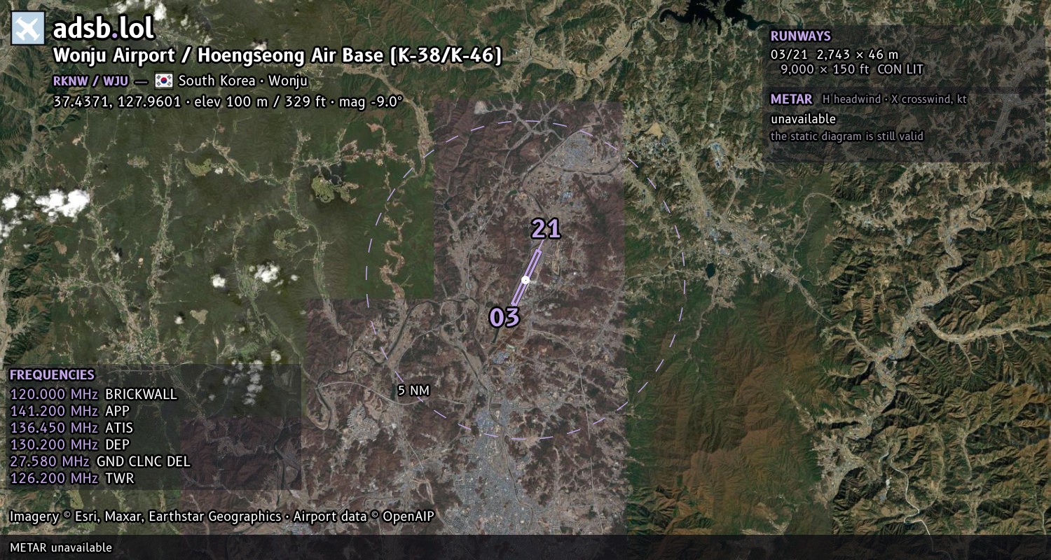Satellite map with the runway layout of Wonju Airport / Hoengseong Air Base (K-38/K-46) (RKNW)