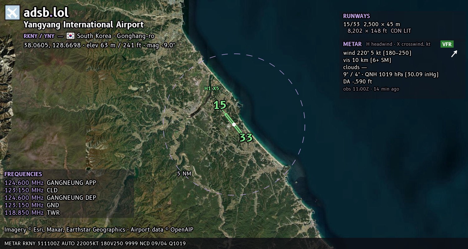 Satellite map with the runway layout of Yangyang International Airport (RKNY)