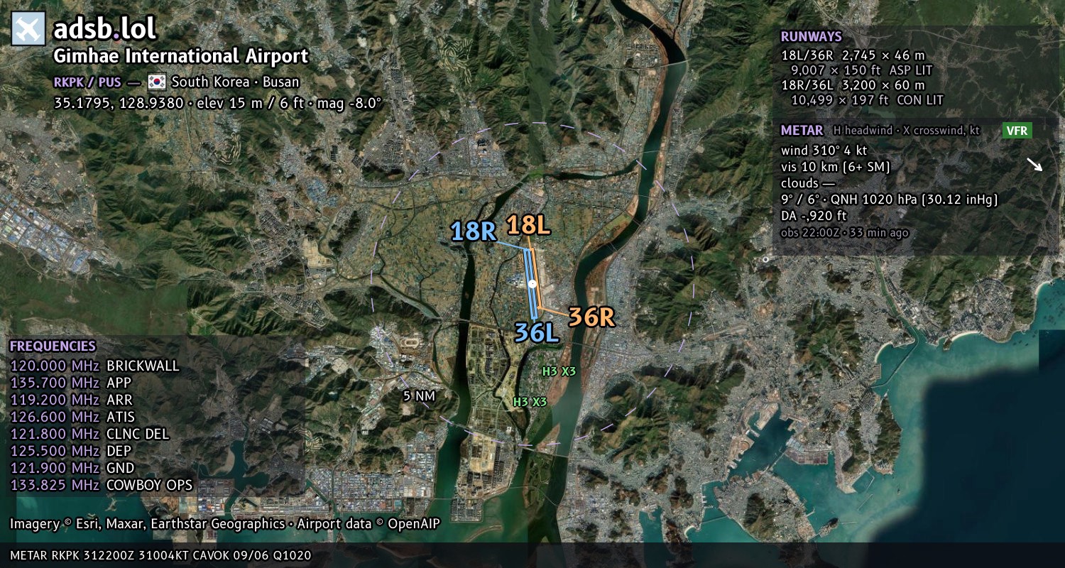 Satellite map with the runway layout of Gimhae International Airport (RKPK)