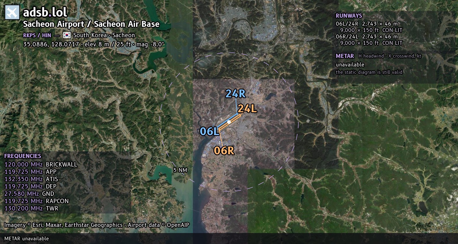 Satellite map with the runway layout of Sacheon Airport / Sacheon Air Base (RKPS)