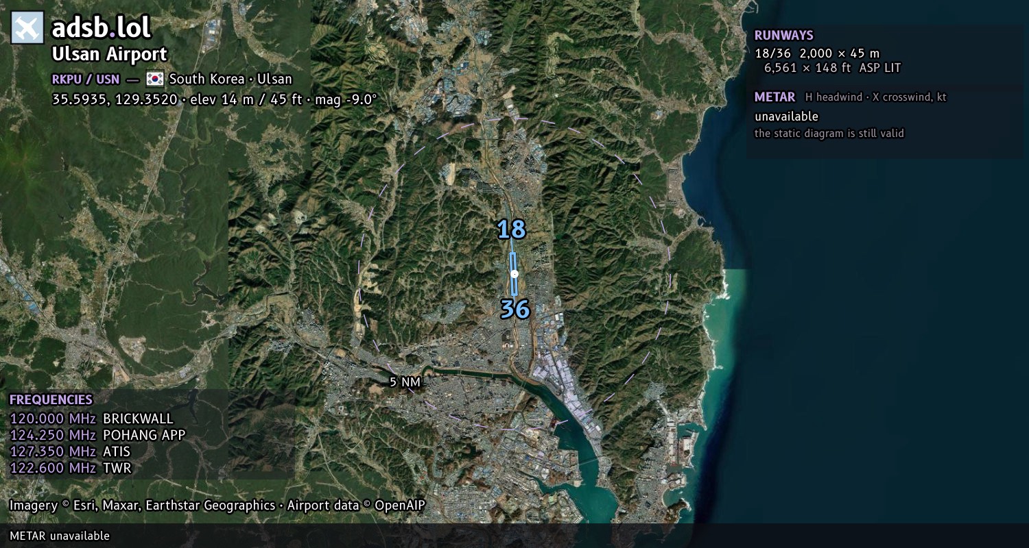 Satellite map with the runway layout of Ulsan Airport (RKPU)