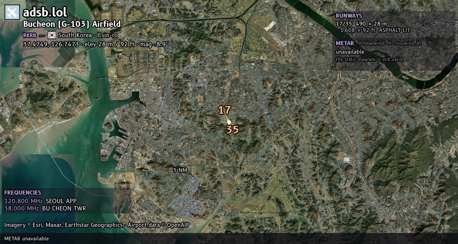 Satellite map with the runway layout of Bucheon (G-103) Airfield (RKRB)