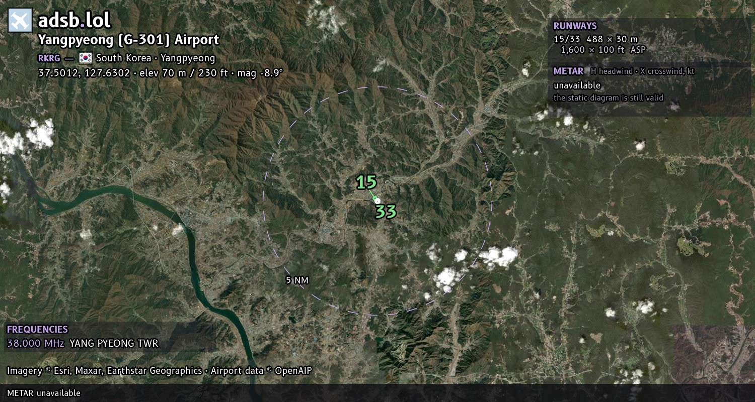 Satellite map with the runway layout of Yangpyeong (G-301) Airport (RKRG)