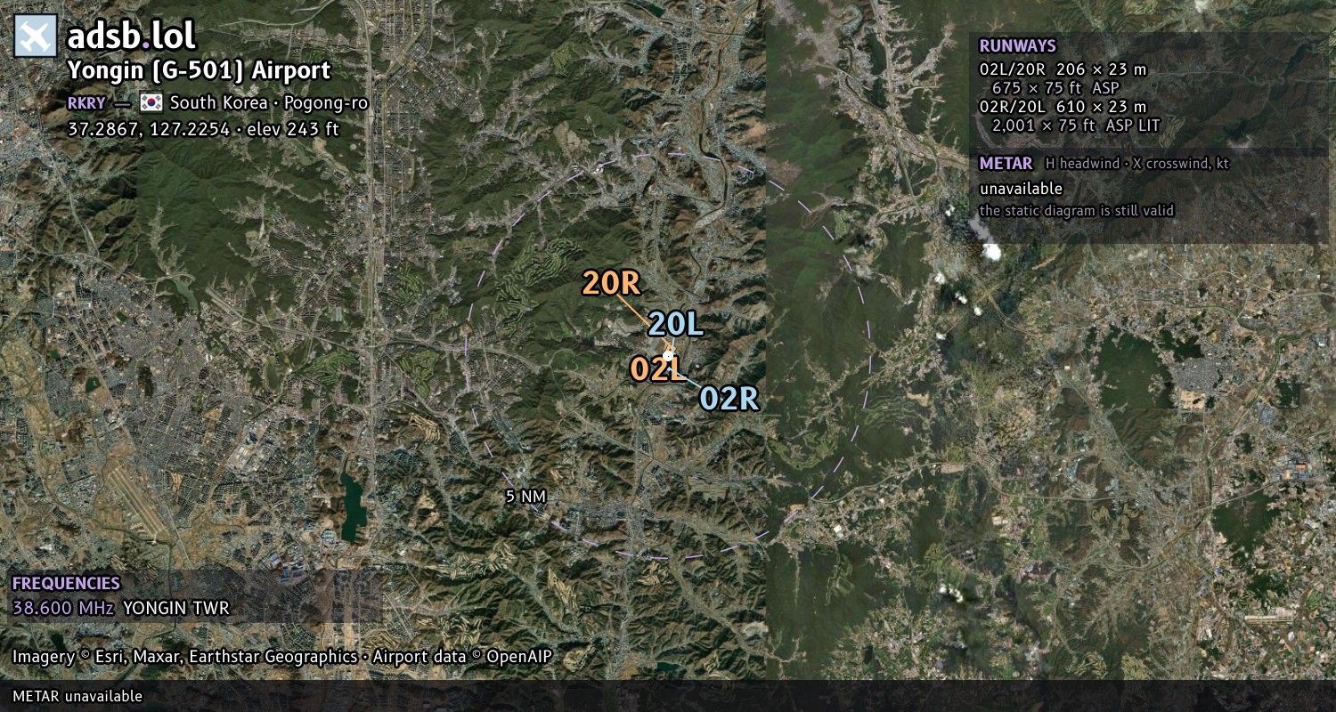 Satellite map with the runway layout of Yongin (G-501) Airport (RKRY)