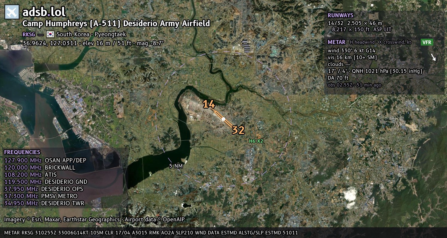 Satellite map with the runway layout of Camp Humphreys (A-511) Desiderio Army Airfield (RKSG)