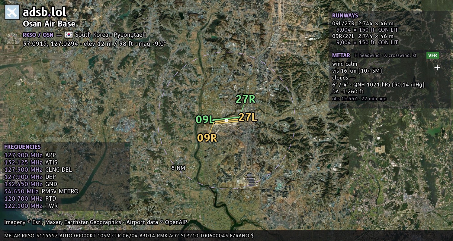 Satellite map with the runway layout of Osan Air Base (RKSO)