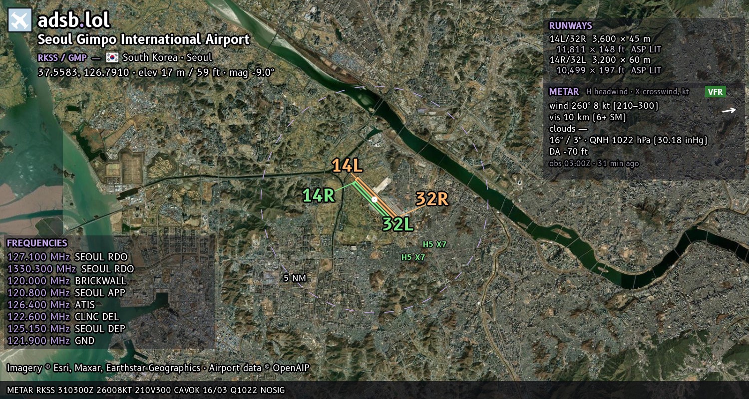 Satellite map with the runway layout of Seoul Gimpo International Airport (RKSS)