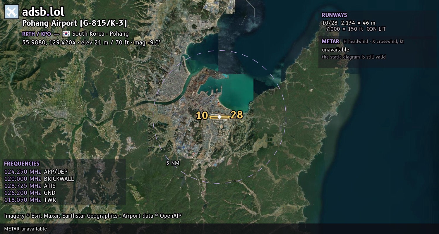 Satellite map with the runway layout of Pohang Airport (G-815/K-3) (RKTH)