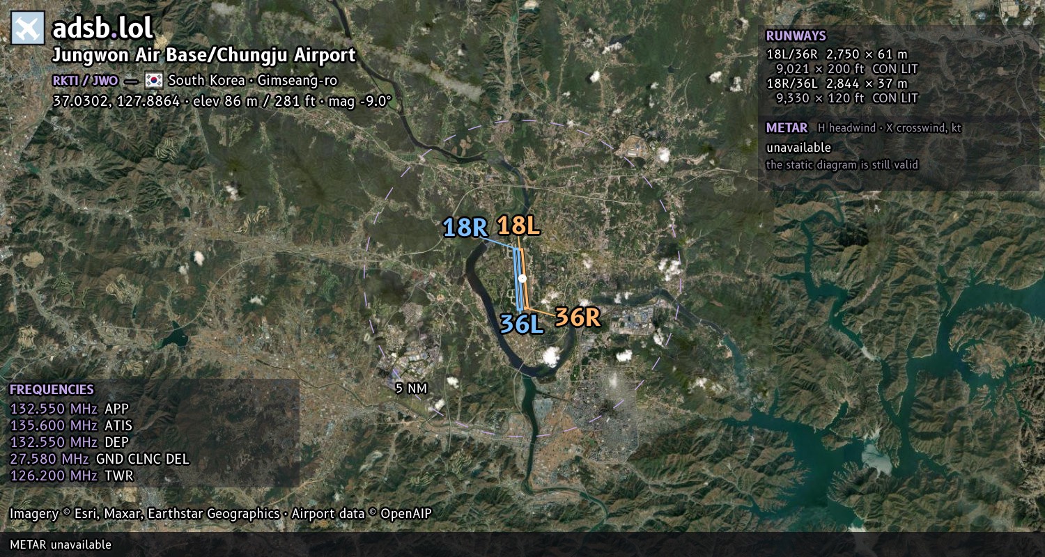 Satellite map with the runway layout of Jungwon Air Base/Chungju Airport (RKTI)