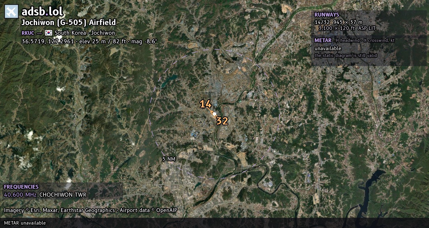 Satellite map with the runway layout of Jochiwon (G-505) Airfield (RKUC)