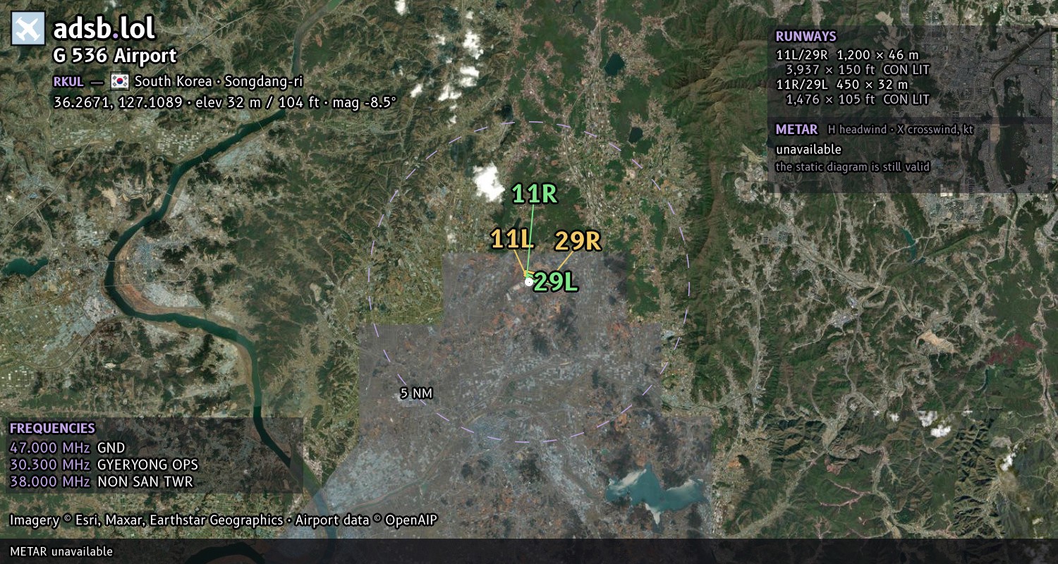 Satellite map with the runway layout of G 536 Airport (RKUL)