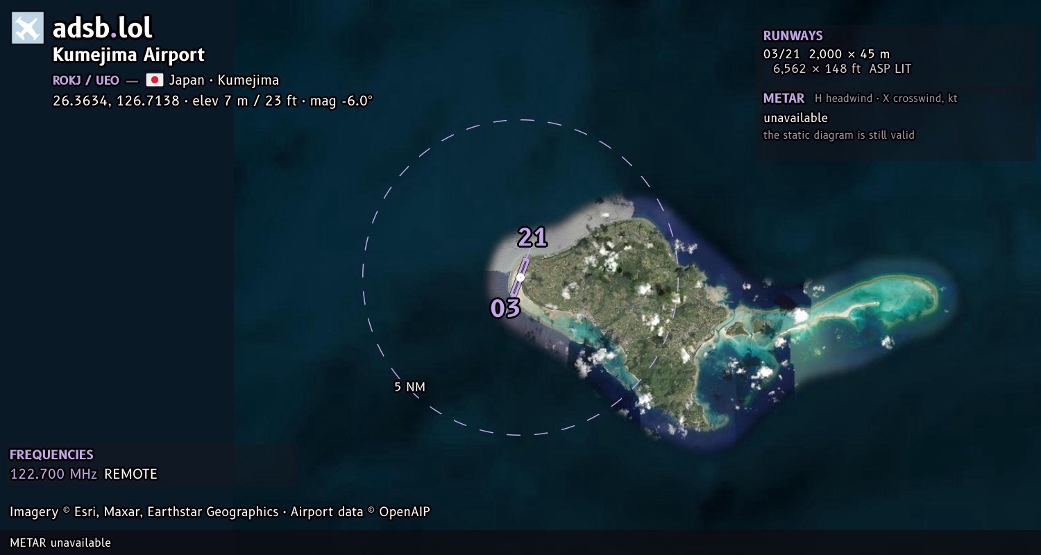 Satellite map with the runway layout of Kumejima Airport (ROKJ)