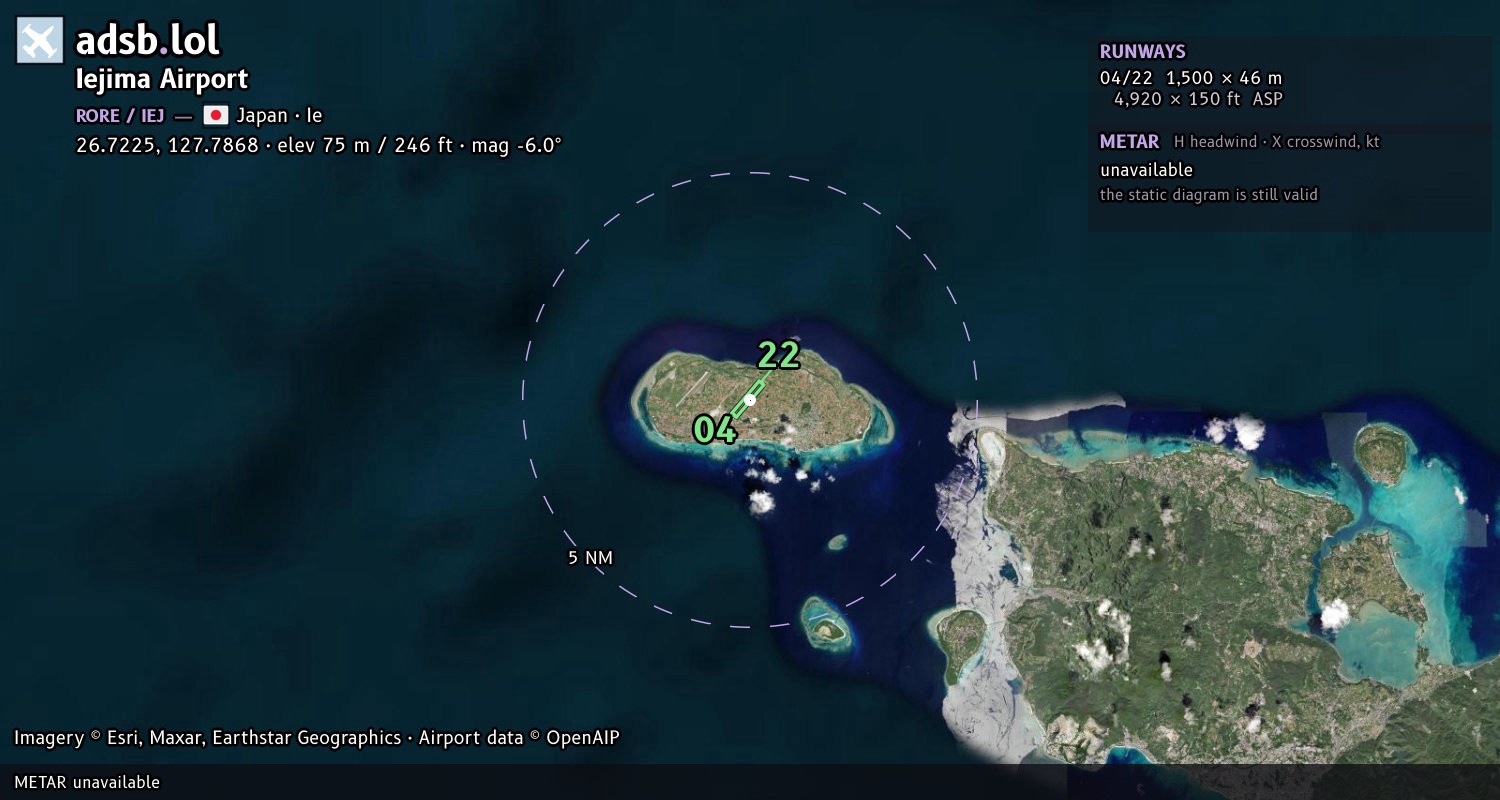 Satellite map with the runway layout of Iejima Airport (RORE)
