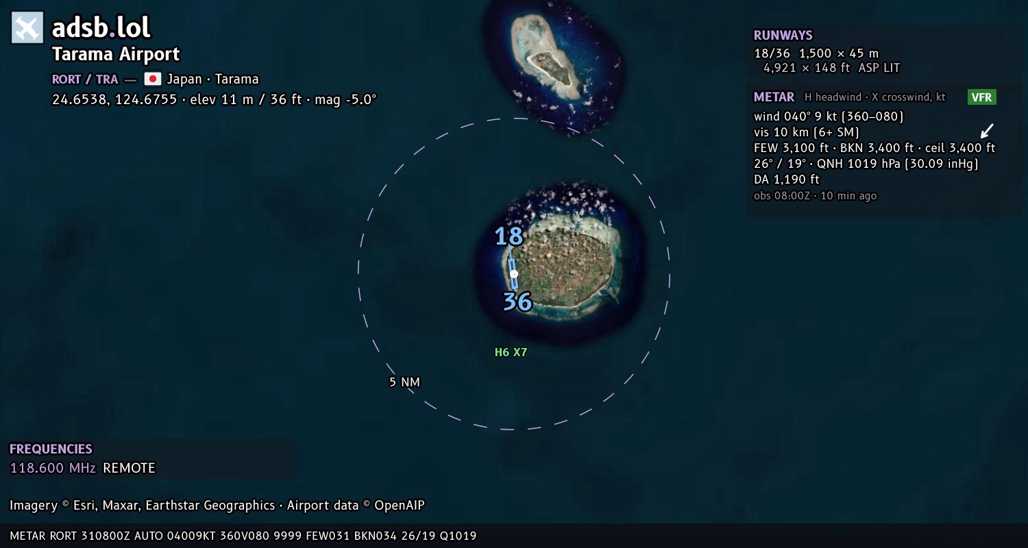 Satellite map with the runway layout of Tarama Airport (RORT)