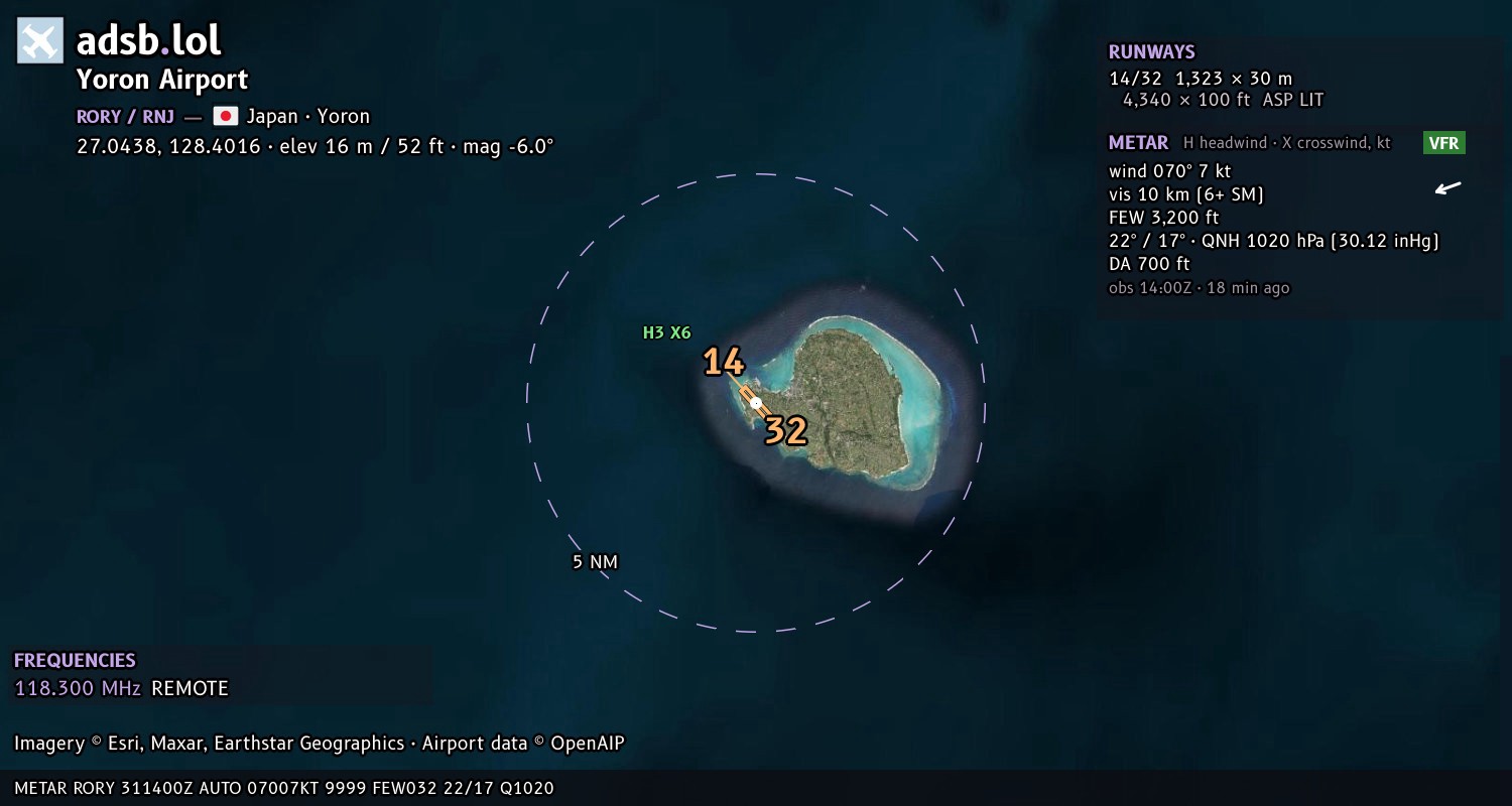 Satellite map with the runway layout of Yoron Airport (RORY)