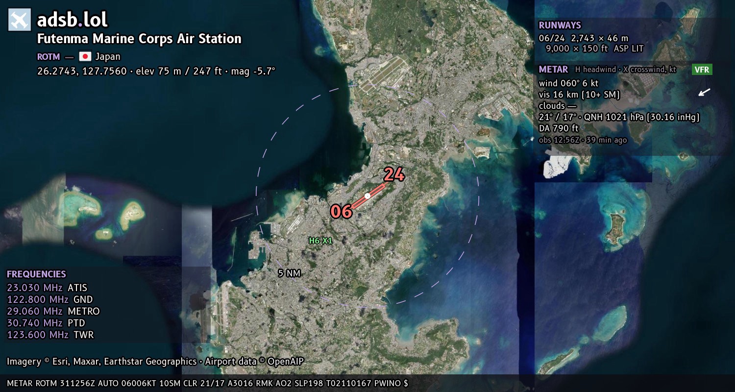 Satellite map with the runway layout of Futenma Marine Corps Air Station (ROTM)