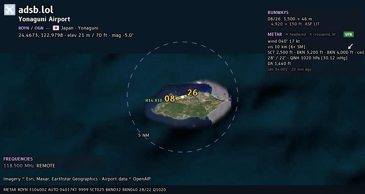 Satellite map with the runway layout of Yonaguni Airport (ROYN)