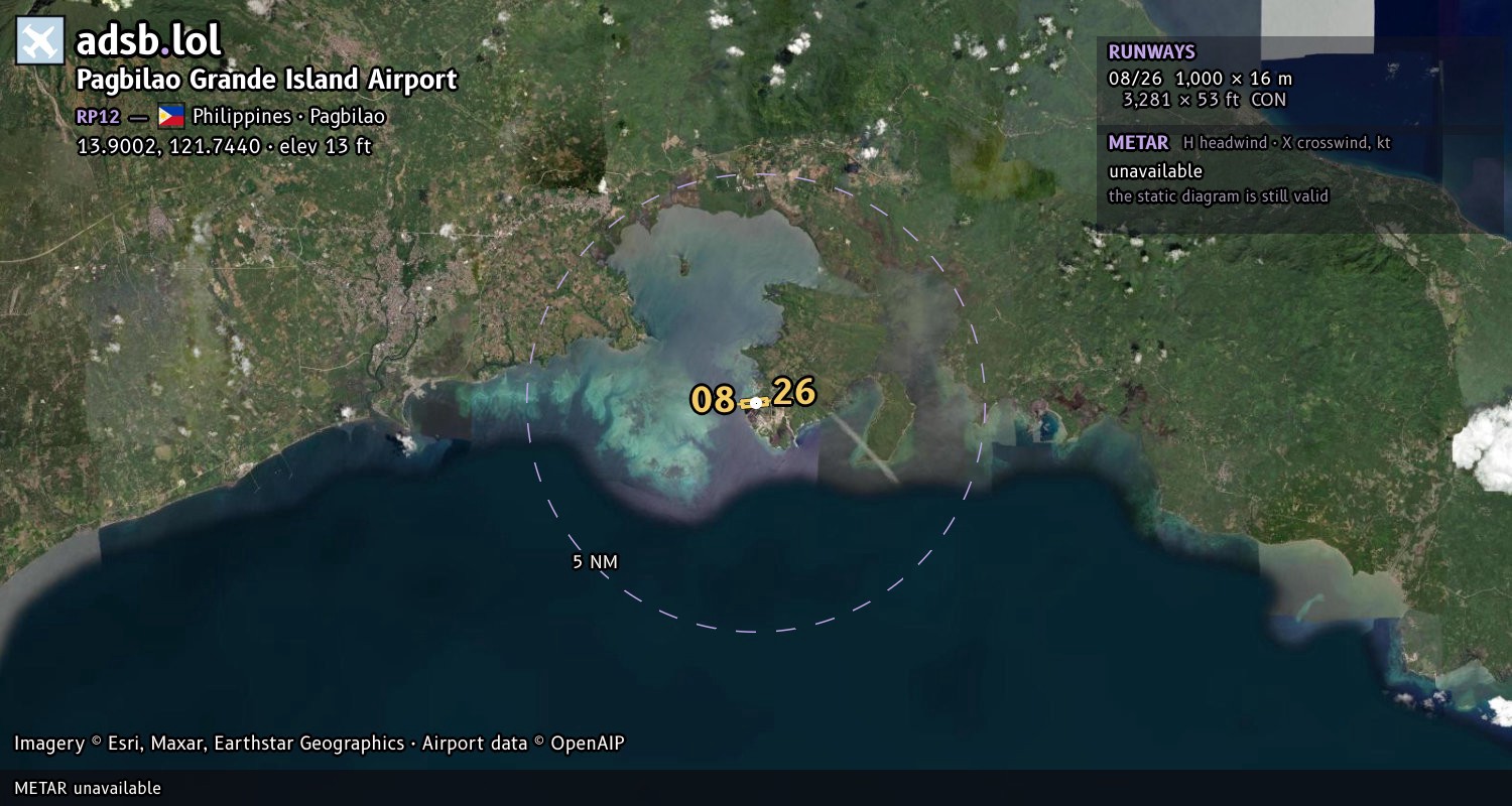 Satellite map with the runway layout of Pagbilao Grande Island Airport (RP12)