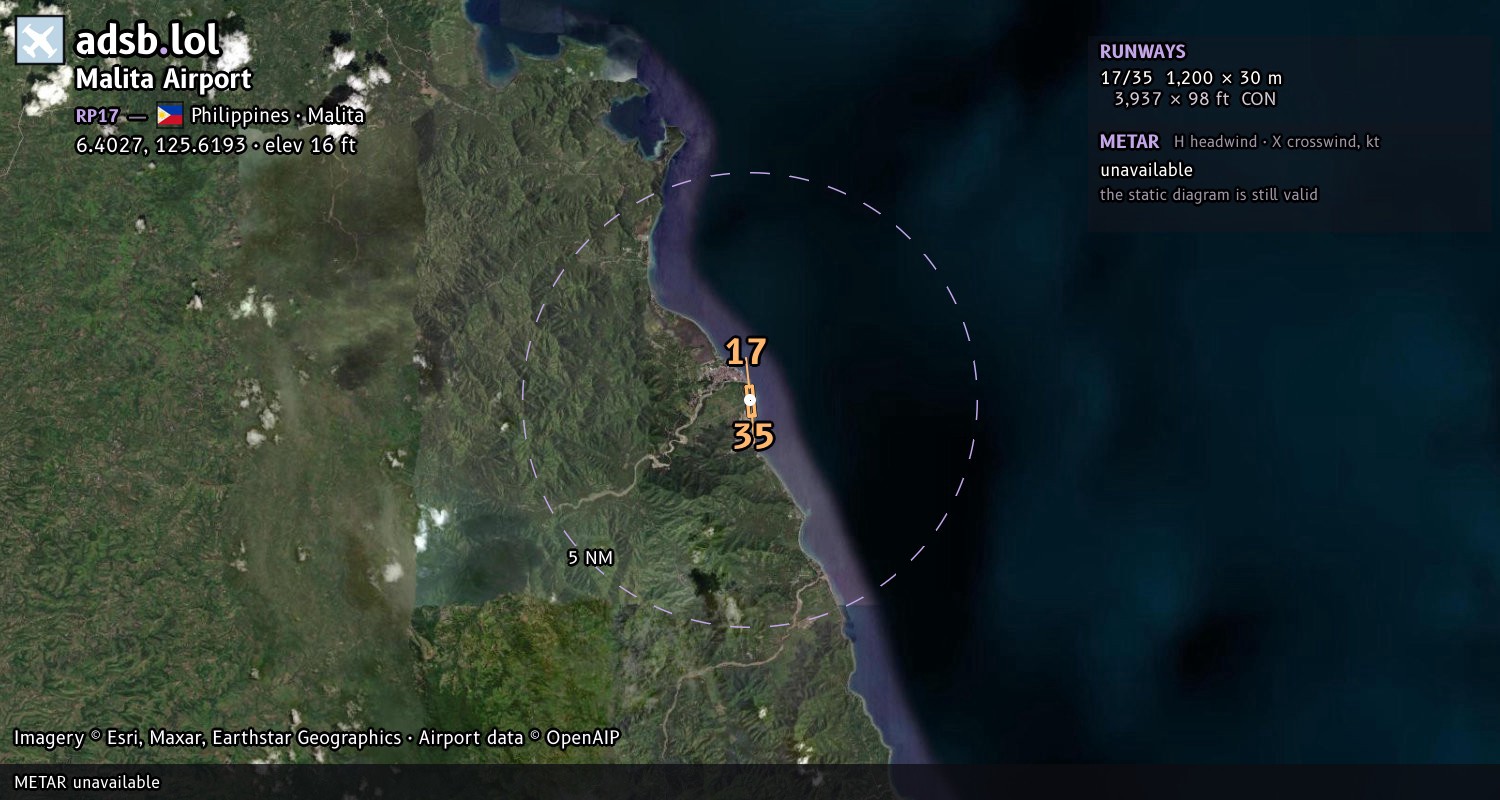 Satellite map with the runway layout of Malita Airport (RP17)