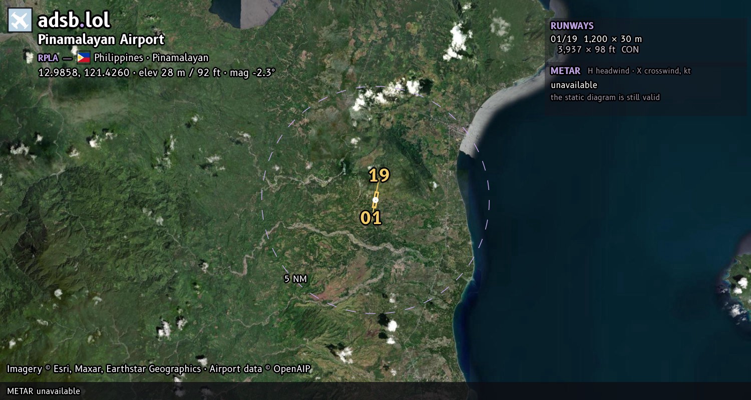 Satellite map with the runway layout of Pinamalayan Airport (RPLA)