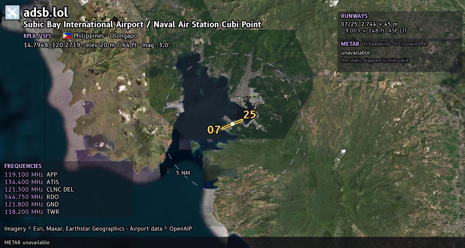 Satellite map with the runway layout of Subic Bay International Airport / Naval Air Station Cubi Point (RPLB)