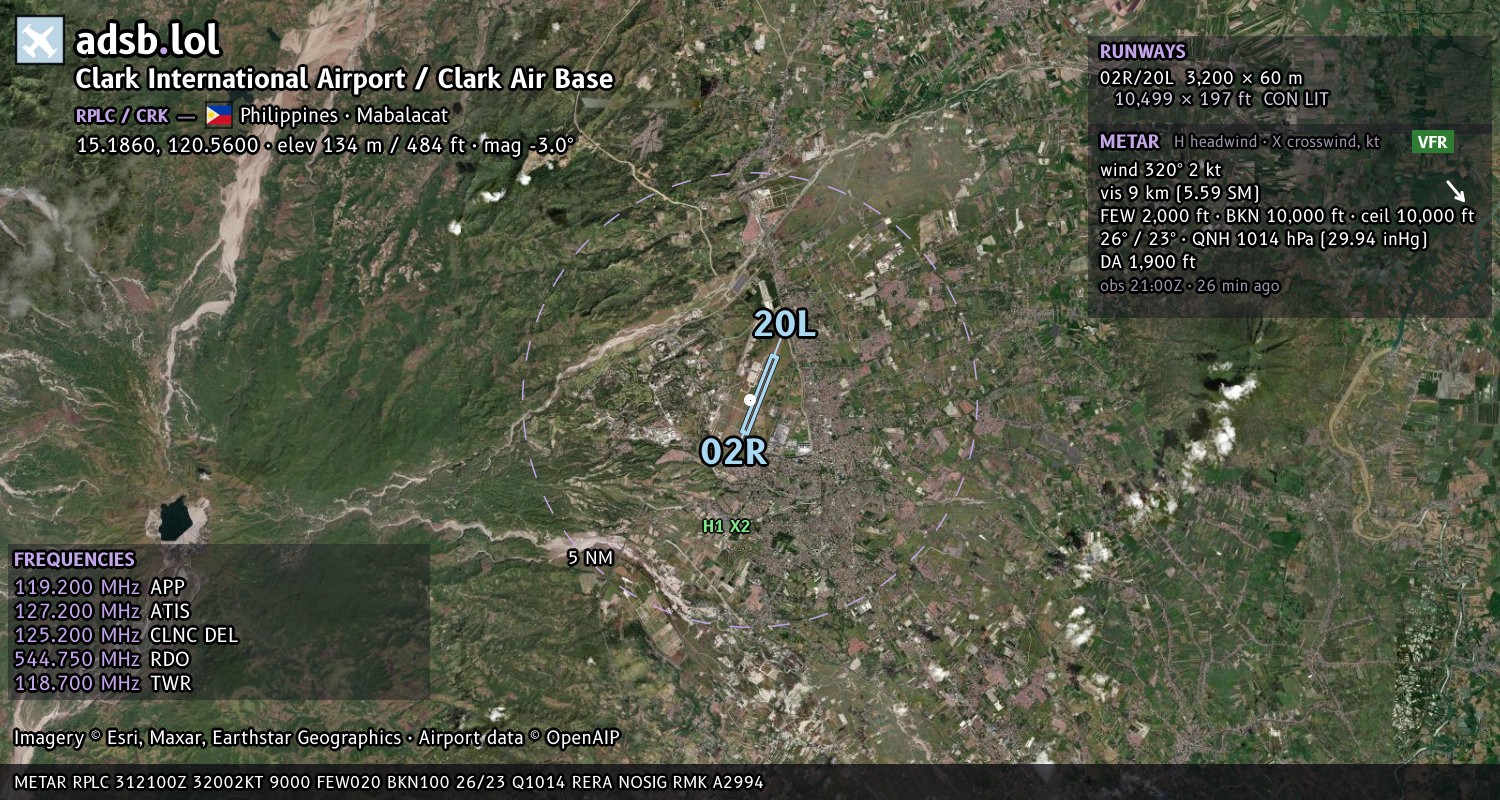Satellite map with the runway layout of Clark International Airport / Clark Air Base (RPLC)