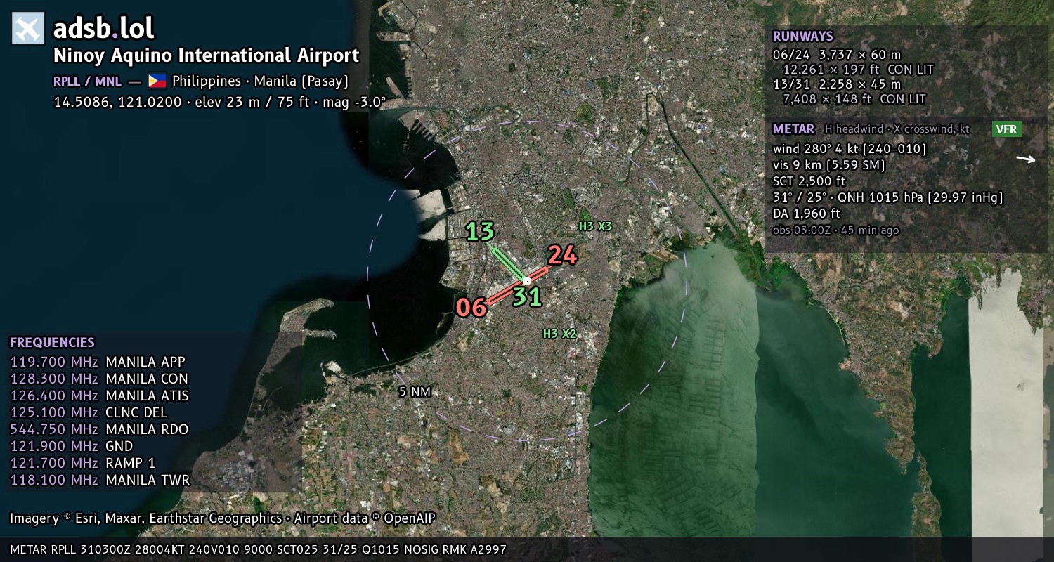 Satellite map with the runway layout of Ninoy Aquino International Airport (RPLL)