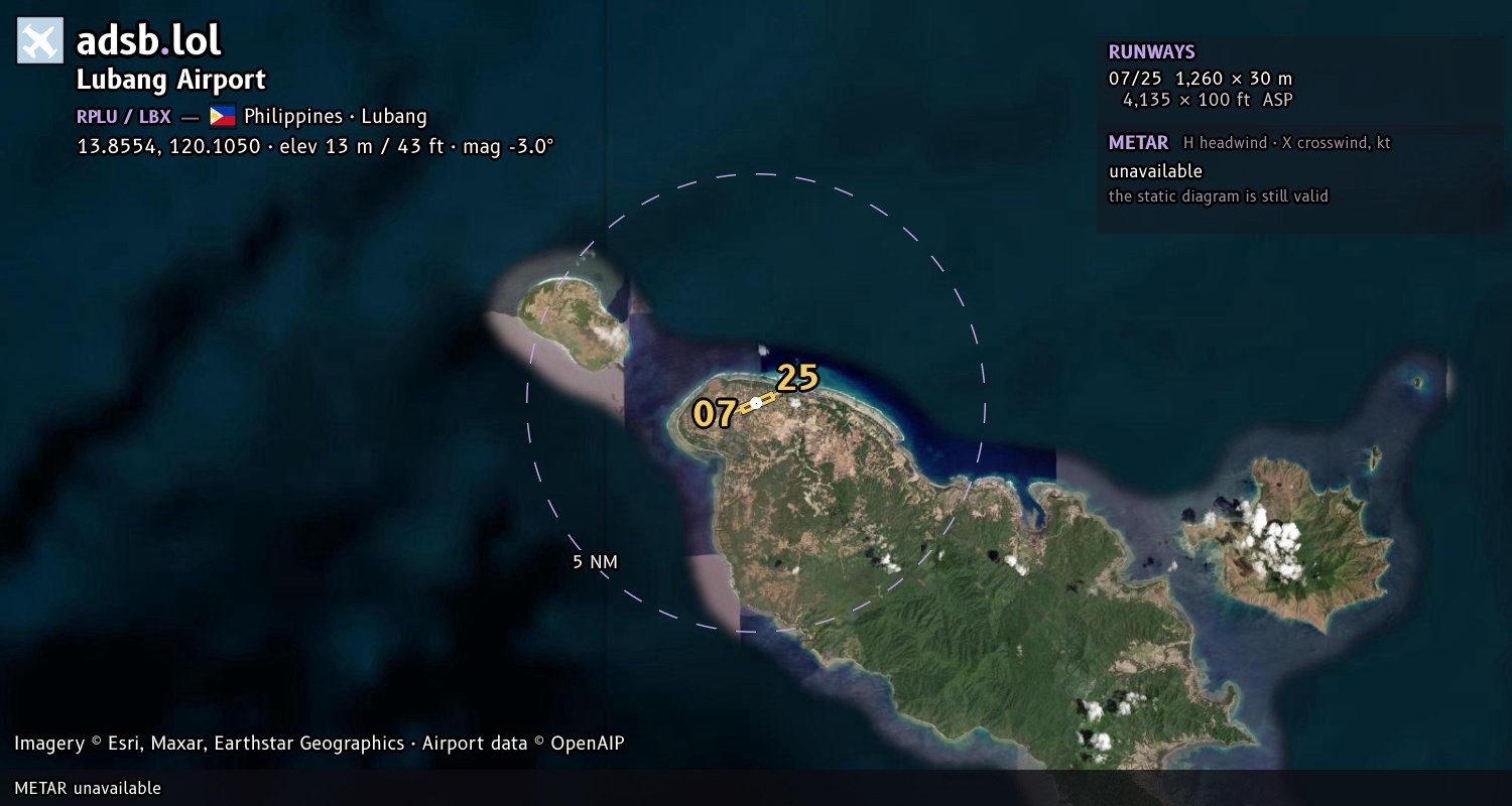 Satellite map with the runway layout of Lubang Airport (RPLU)