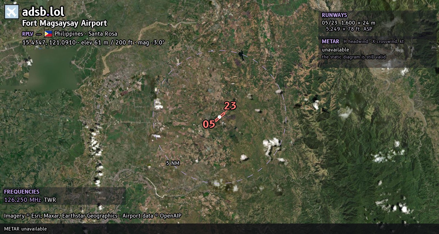 Satellite map with the runway layout of Fort Magsaysay Airport (RPLV)