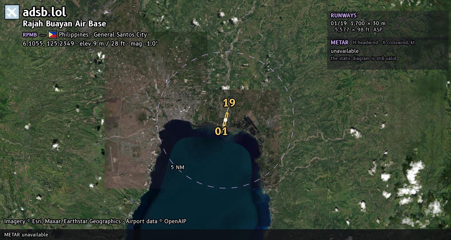 Satellite map with the runway layout of Rajah Buayan Air Base (RPMB)