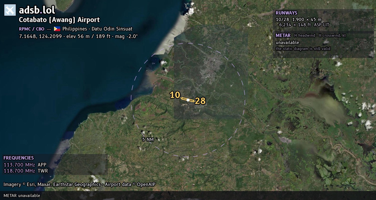 Satellite map with the runway layout of Cotabato (Awang) Airport (RPMC)