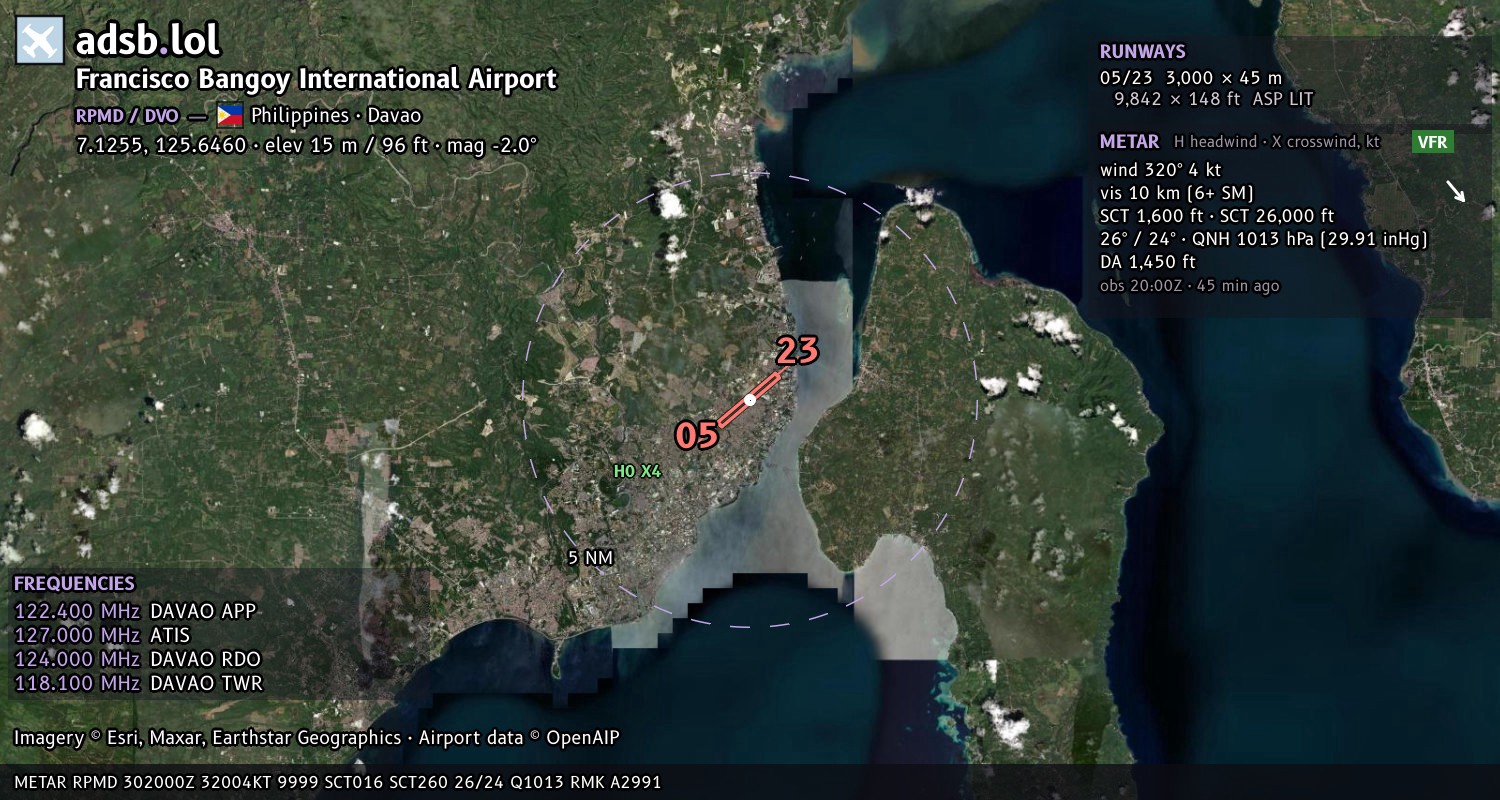 Satellite map with the runway layout of Francisco Bangoy International Airport (RPMD)