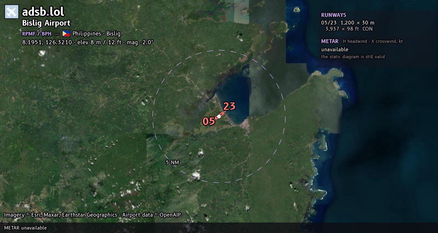 Satellite map with the runway layout of Bislig Airport (RPMF)