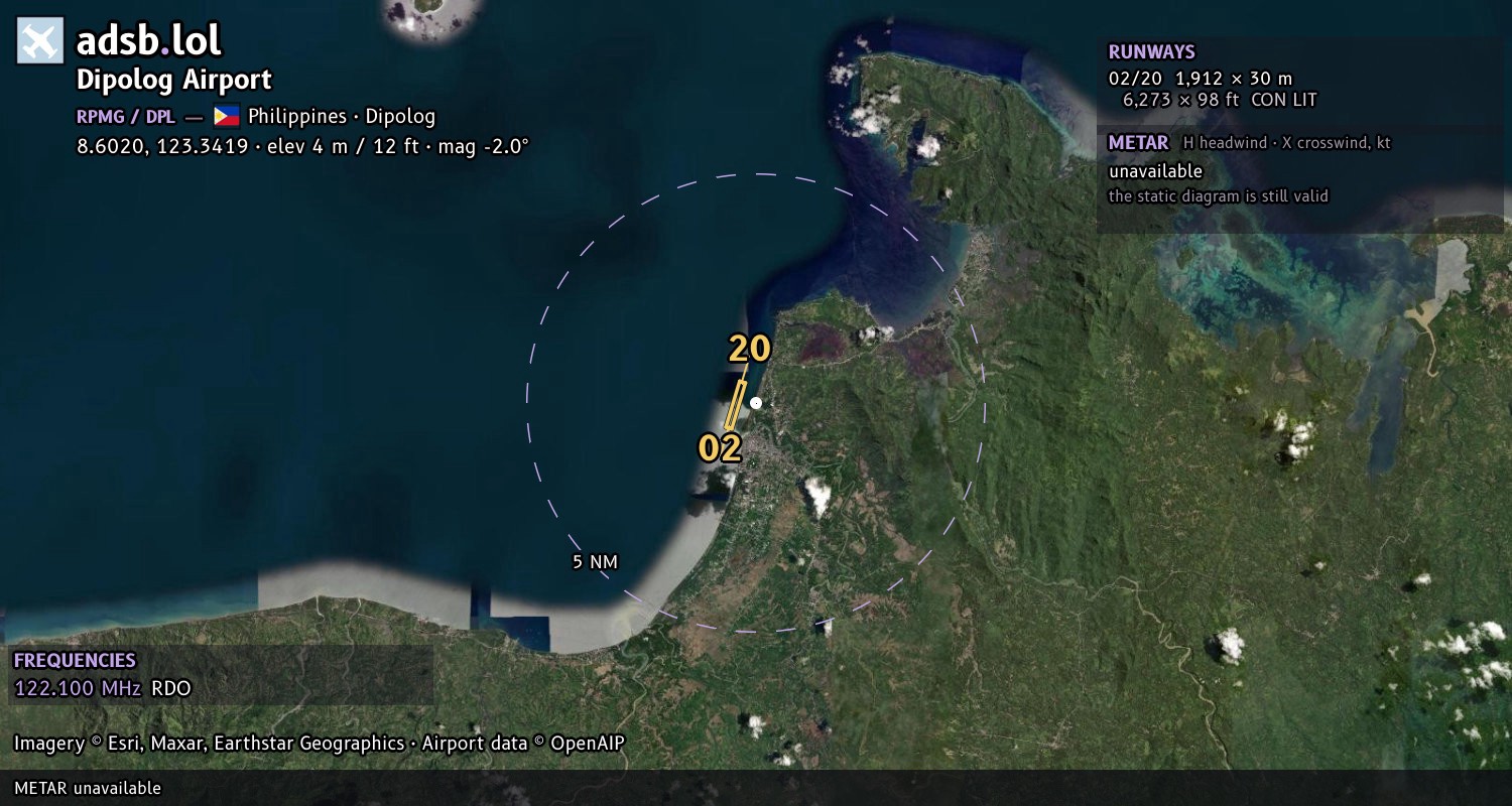 Satellite map with the runway layout of Dipolog Airport (RPMG)