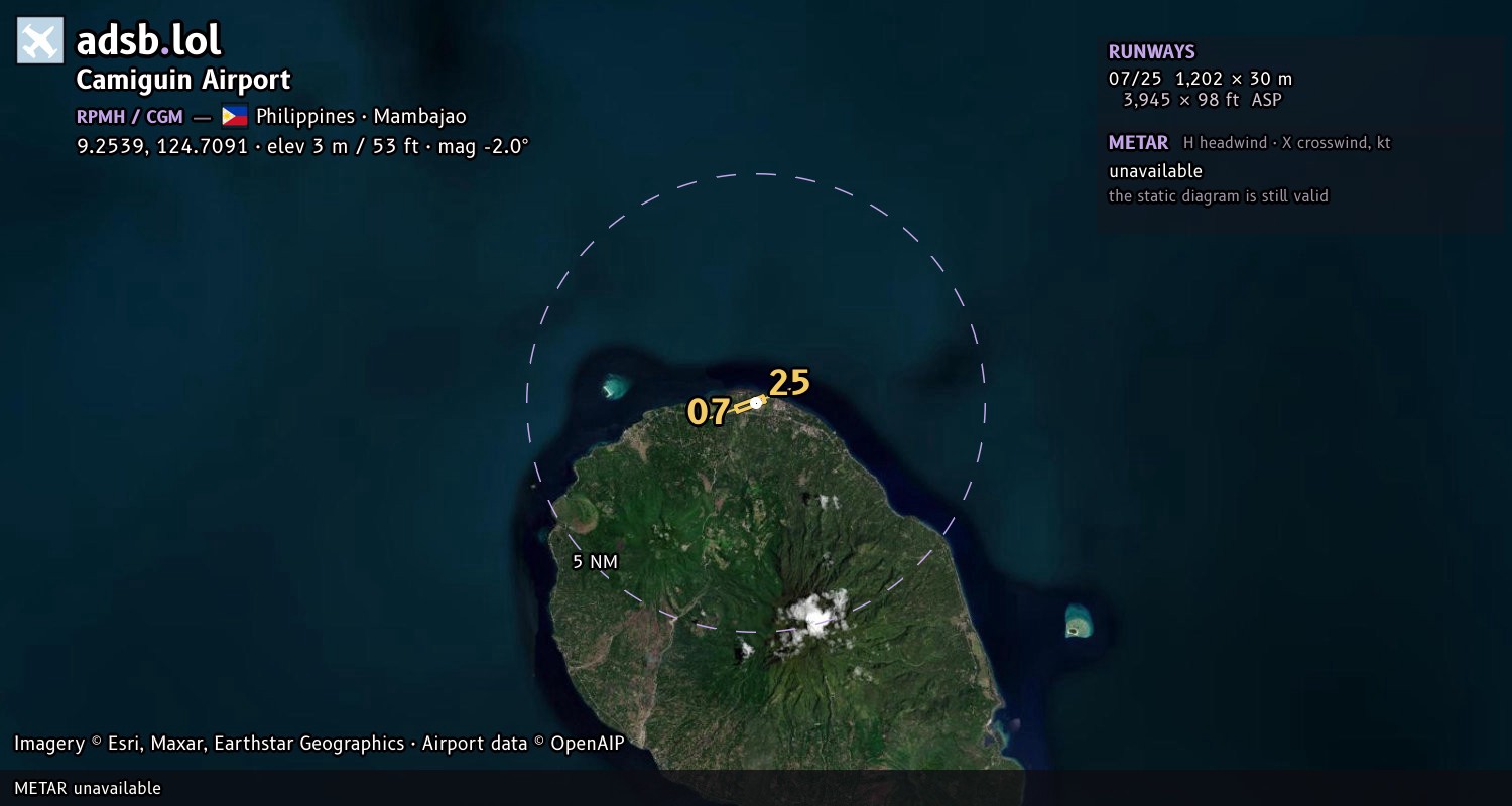 Satellite map with the runway layout of Camiguin Airport (RPMH)